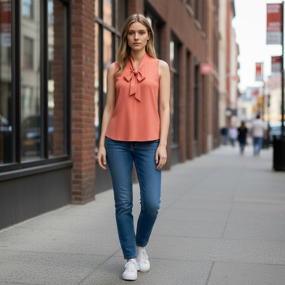 Kasper Women's Sleeveless Tie Neck Top Orange Petite Small NWT